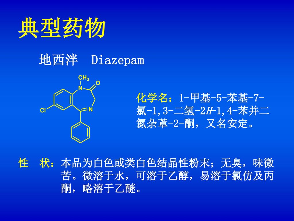 典型药物 地西泮 Diazepam 化学名：1-甲基-5-苯基-7- 氯-1,3-二氢-2H-1,4-苯并二氮杂䓬-2-酮，又名安定。