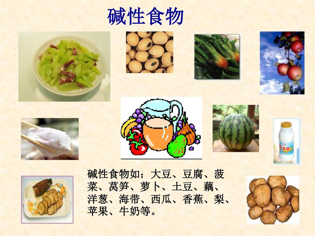 碱性食物 碱性食物如：大豆、豆腐、菠菜、莴笋、萝卜、土豆、藕、洋葱、海带、西瓜、香蕉、梨、苹果、牛奶等。