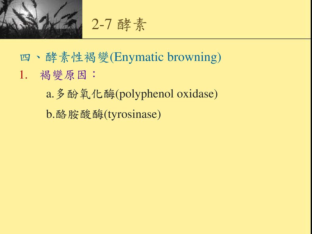 2-7 酵素 四、酵素性褐變(Enymatic browning) 褐變原因： a.多酚氧化酶(polyphenol oxidase)