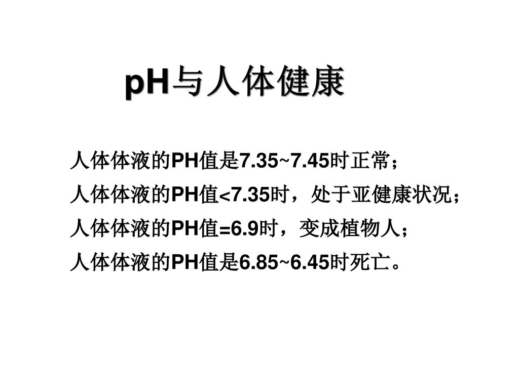 pH与人体健康 人体体液的PH值是7.35~7.45时正常； 人体体液的PH值<7.35时，处于亚健康状况； 人体体液的PH值=6.9时，变成植物人； 人体体液的PH值是6.85~6.45时死亡。