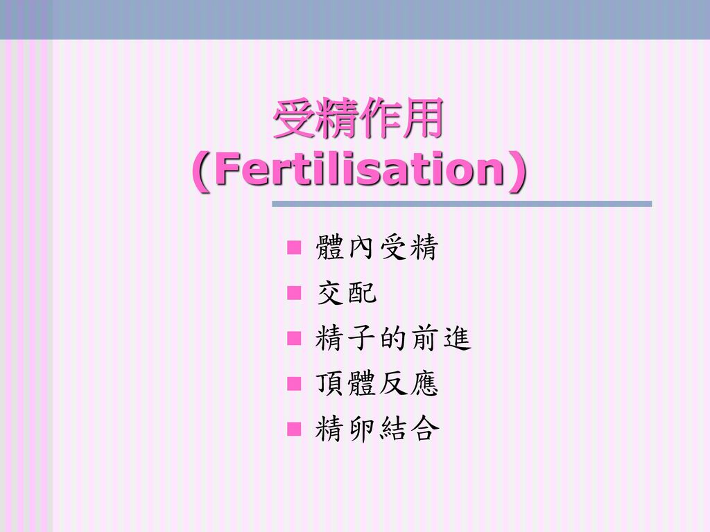 受精作用 (Fertilisation) 體內受精 交配 精子的前進 頂體反應 精卵結合