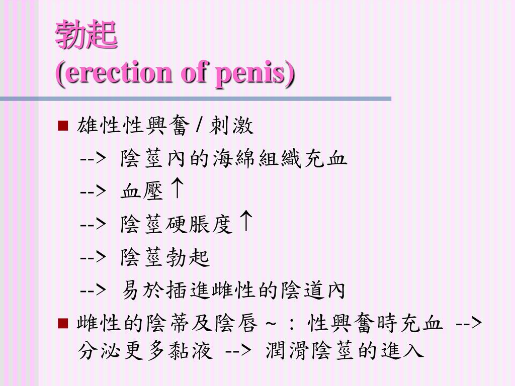 勃起 (erection of penis) 雄性性興奮 / 刺激 --> 陰莖內的海綿組織充血 --> 血壓 