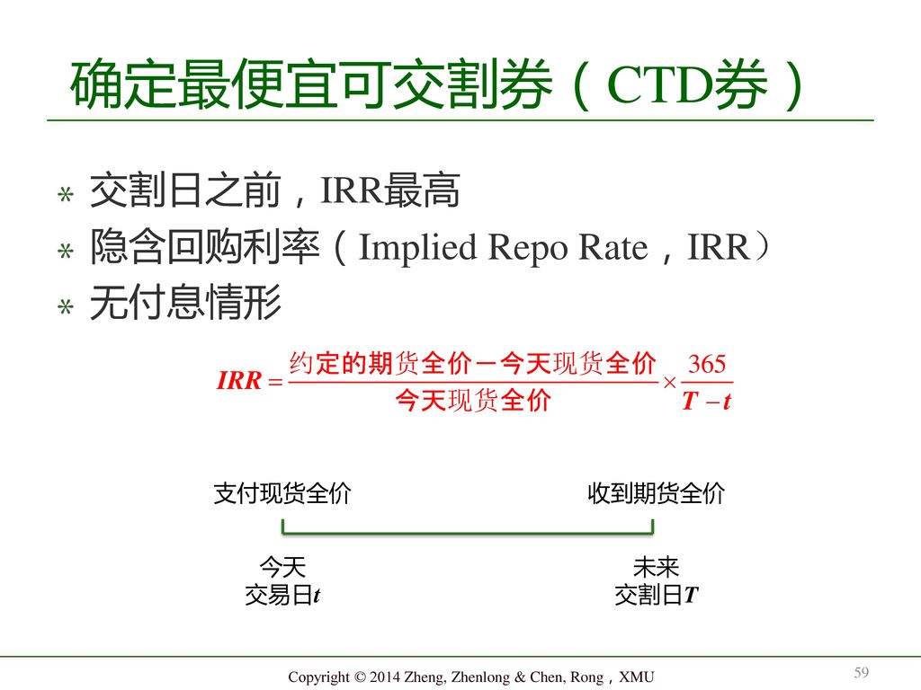 确定最便宜可交割券（CTD券） 交割日之前，IRR最高 隐含回购利率（Implied Repo Rate，IRR） 无付息情形 支付现货全价