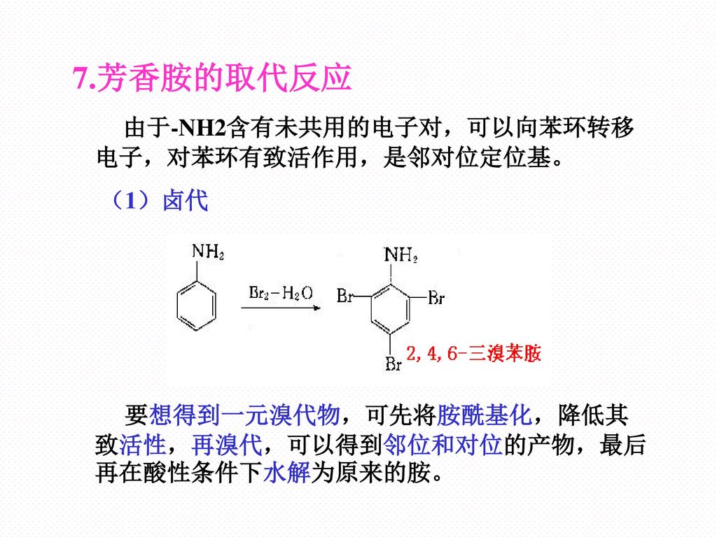 由于-NH2含有未共用的电子对，可以向苯环转移电子，对苯环有致活作用，是邻对位定位基。