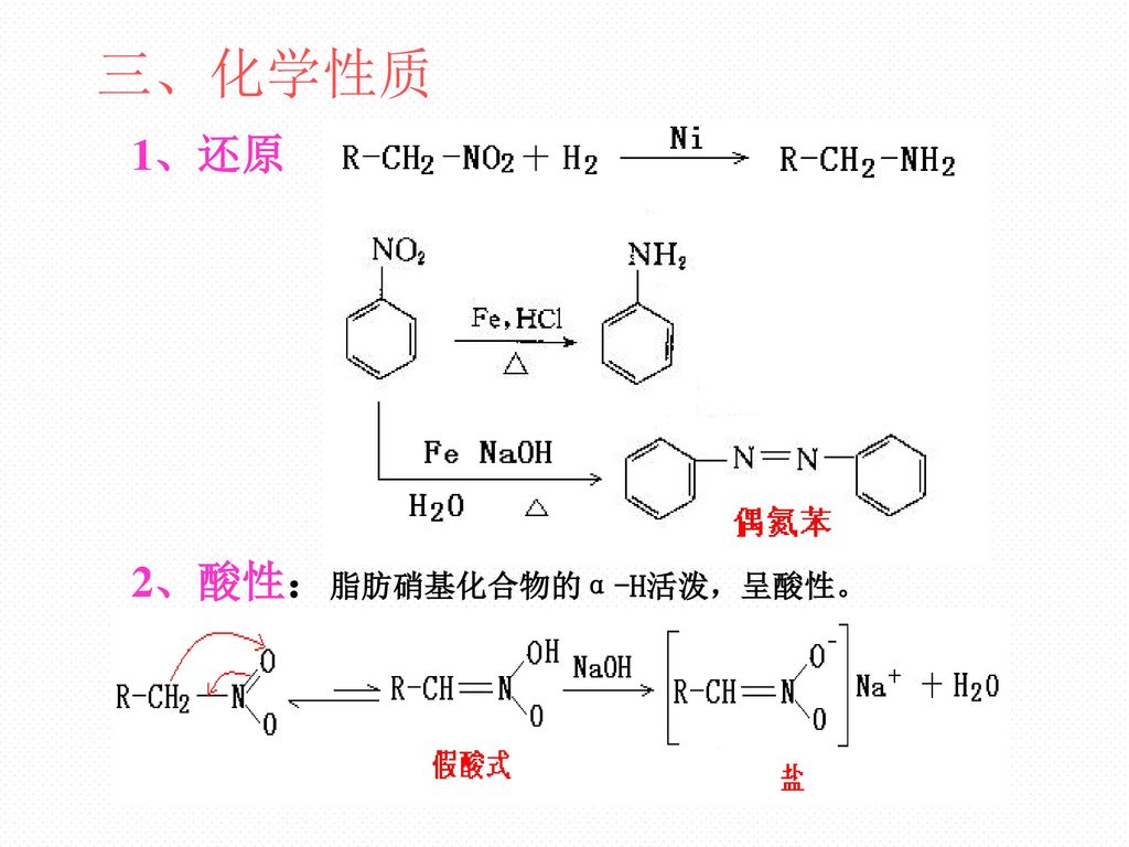 三、化学性质 1、还原 2、酸性：脂肪硝基化合物的α-H活泼，呈酸性。