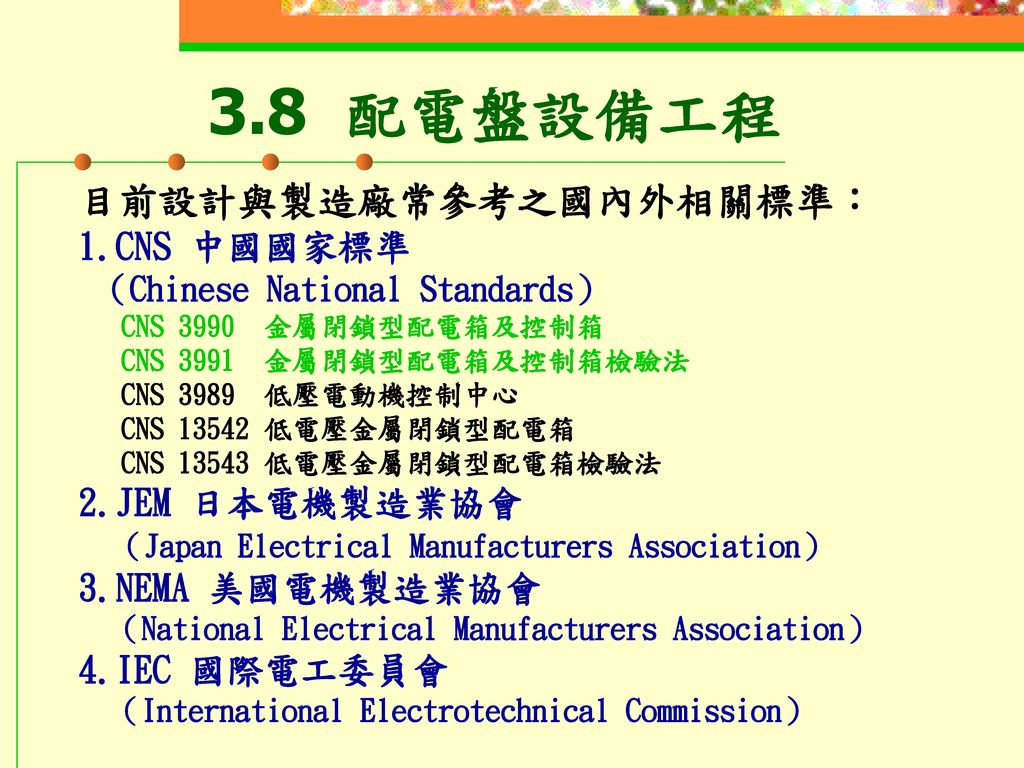3.8 配電盤設備工程 目前設計與製造廠常參考之國內外相關標準： 1.CNS 中國國家標準 2.JEM 日本電機製造業協會
