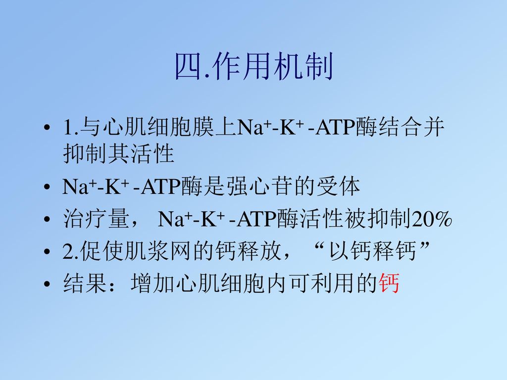 四.作用机制 1.与心肌细胞膜上Na+-K+ -ATP酶结合并抑制其活性 Na+-K+ -ATP酶是强心苷的受体
