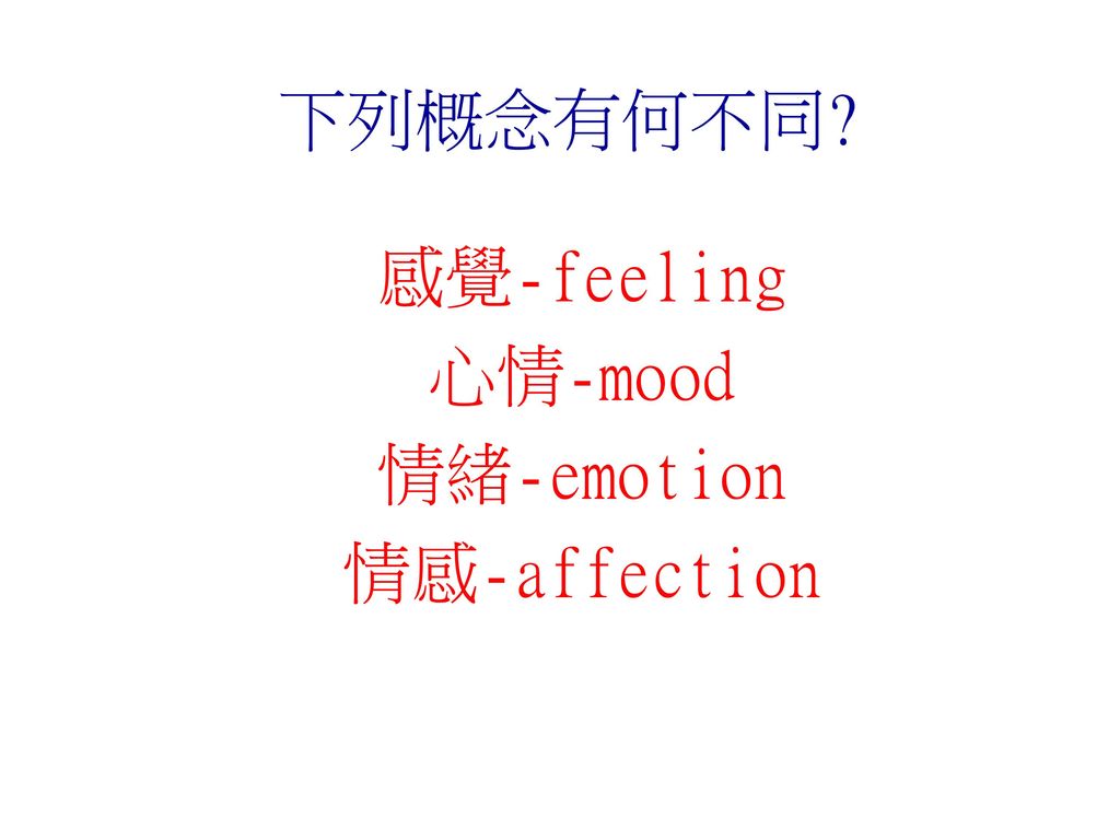 感覺-feeling 心情-mood 情緒-emotion 情感-affection