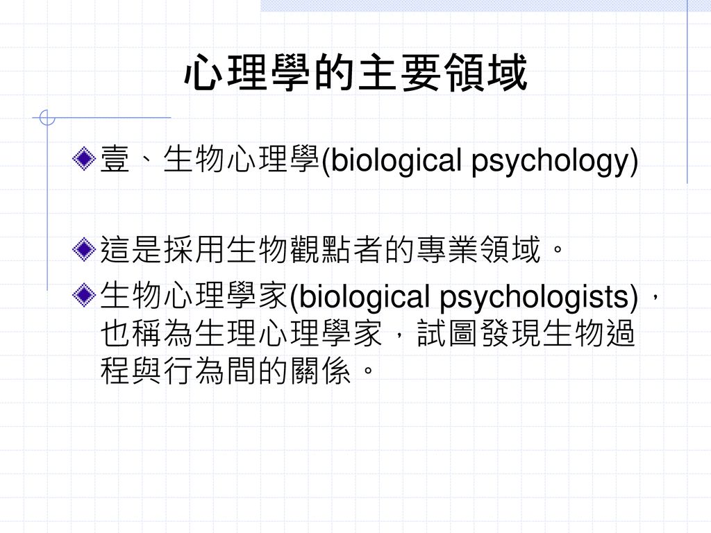 心理學的主要領域 壹、生物心理學(biological psychology) 這是採用生物觀點者的專業領域。