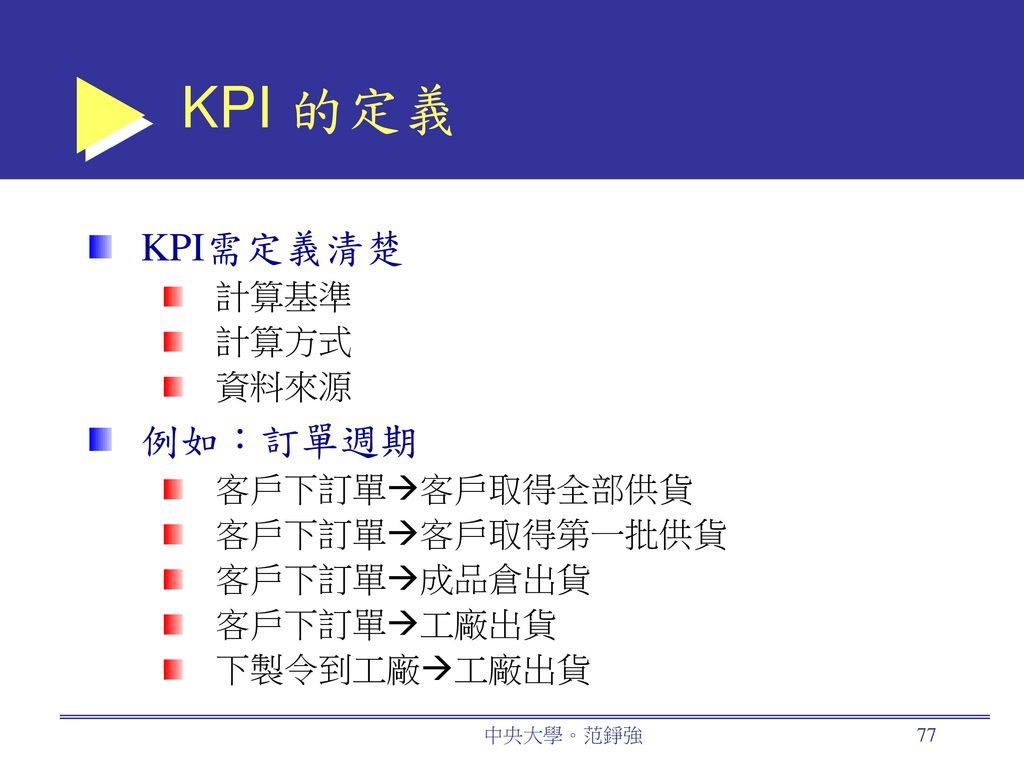 KPI 的定義 KPI需定義清楚 例如：訂單週期 計算基準 計算方式 資料來源 客戶下訂單客戶取得全部供貨 客戶下訂單客戶取得第一批供貨