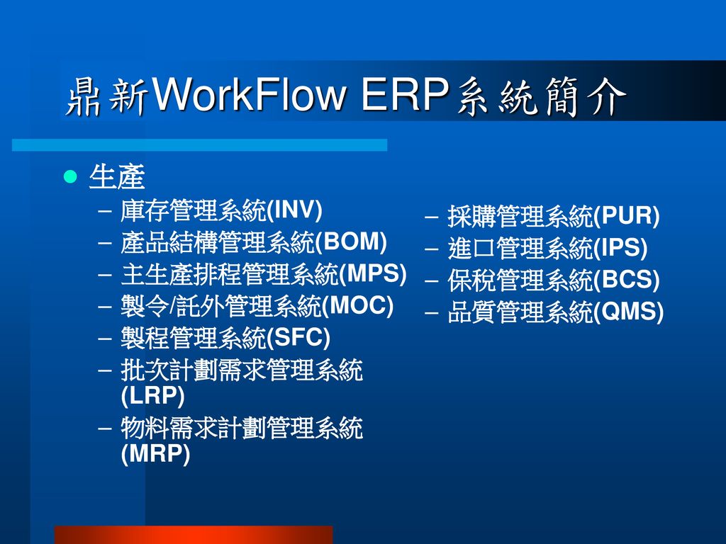 鼎新WorkFlow ERP系統簡介 生產 庫存管理系統(INV) 採購管理系統(PUR) 產品結構管理系統(BOM)