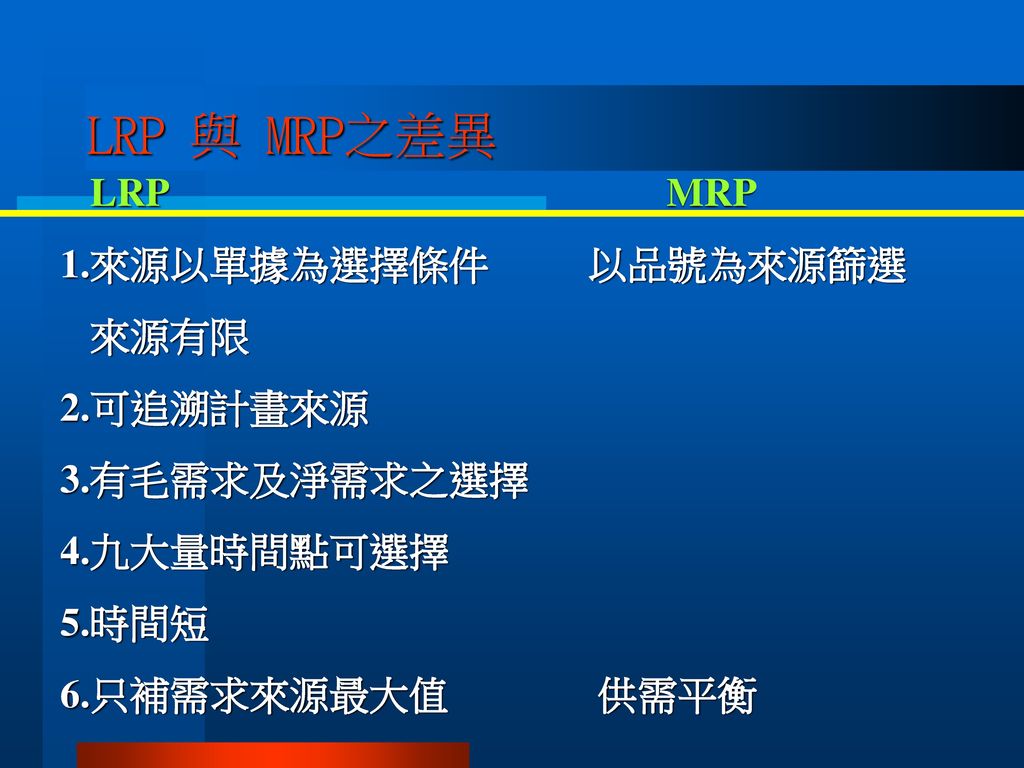 LRP 與 MRP之差異 LRP MRP 1.來源以單據為選擇條件 以品號為來源篩選 來源有限 2.可追溯計畫來源