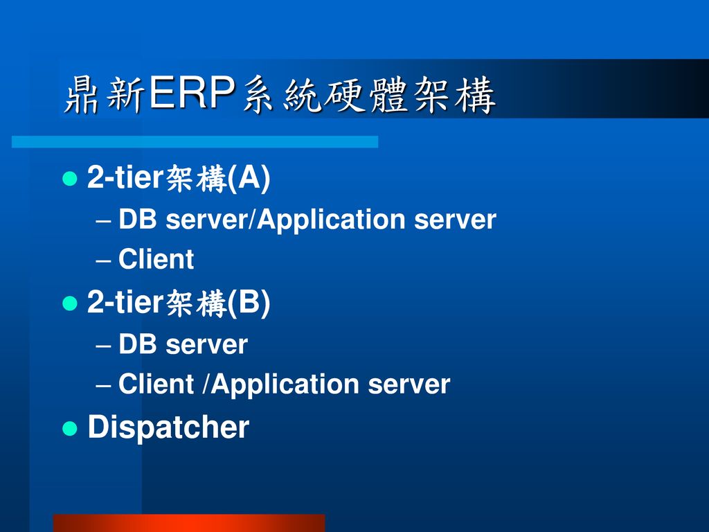 鼎新ERP系統硬體架構 2-tier架構(A) 2-tier架構(B) Dispatcher