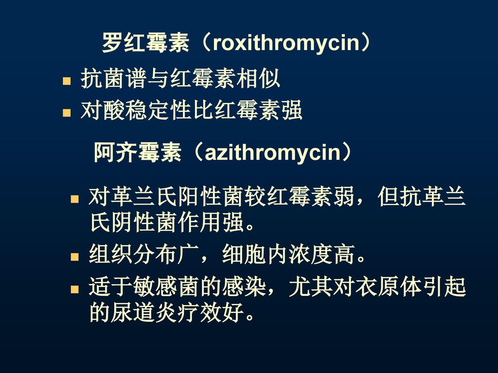 罗红霉素（roxithromycin） 抗菌谱与红霉素相似. 对酸稳定性比红霉素强. 阿齐霉素（azithromycin） 对革兰氏阳性菌较红霉素弱，但抗革兰氏阴性菌作用强。 组织分布广，细胞内浓度高。