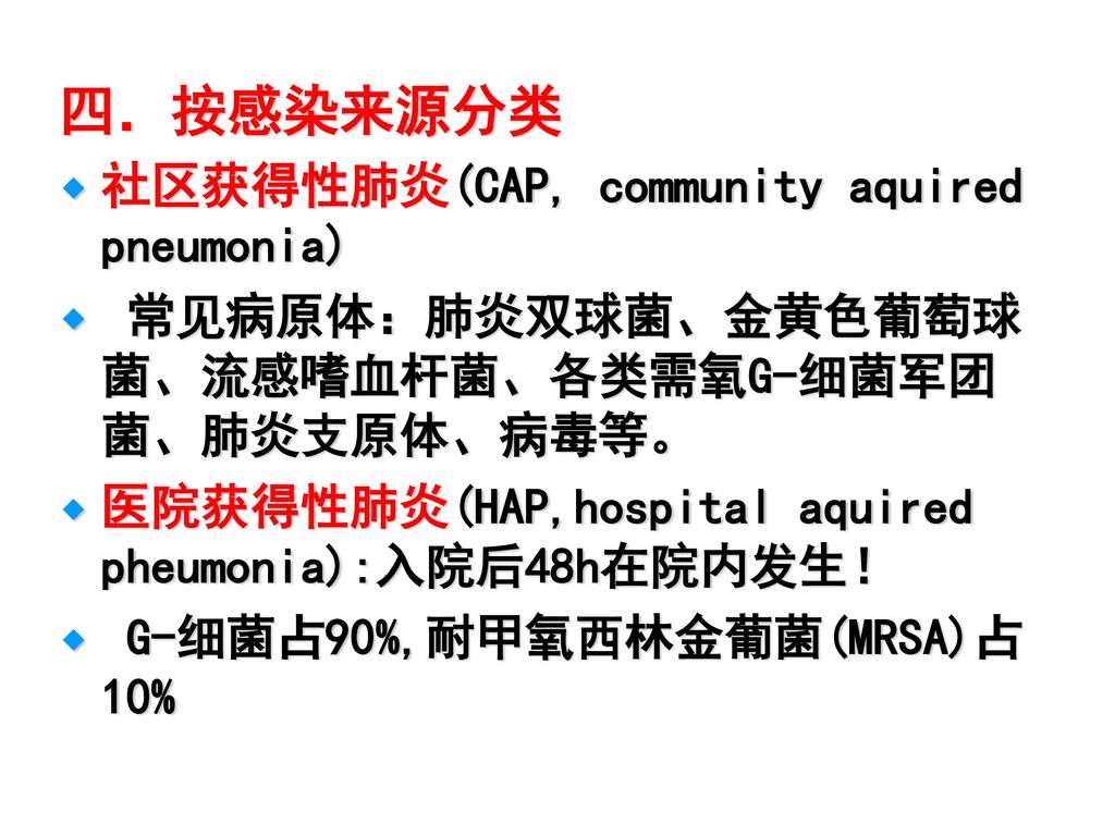 四．按感染来源分类 社区获得性肺炎(CAP, community aquired pneumonia)
