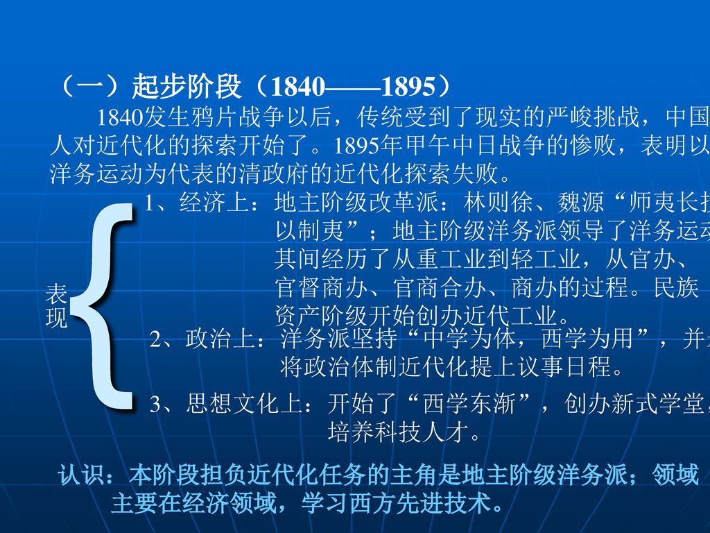 { （一）起步阶段（1840——1895） 1840发生鸦片战争以后，传统受到了现实的严峻挑战，中国