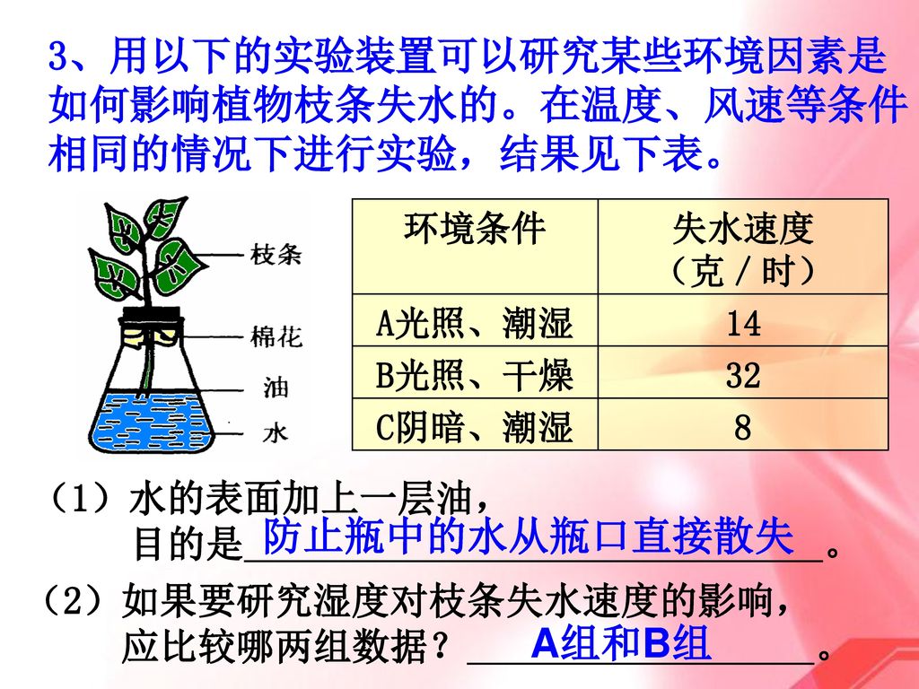 3、用以下的实验装置可以研究某些环境因素是如何影响植物枝条失水的。在温度、风速等条件相同的情况下进行实验，结果见下表。