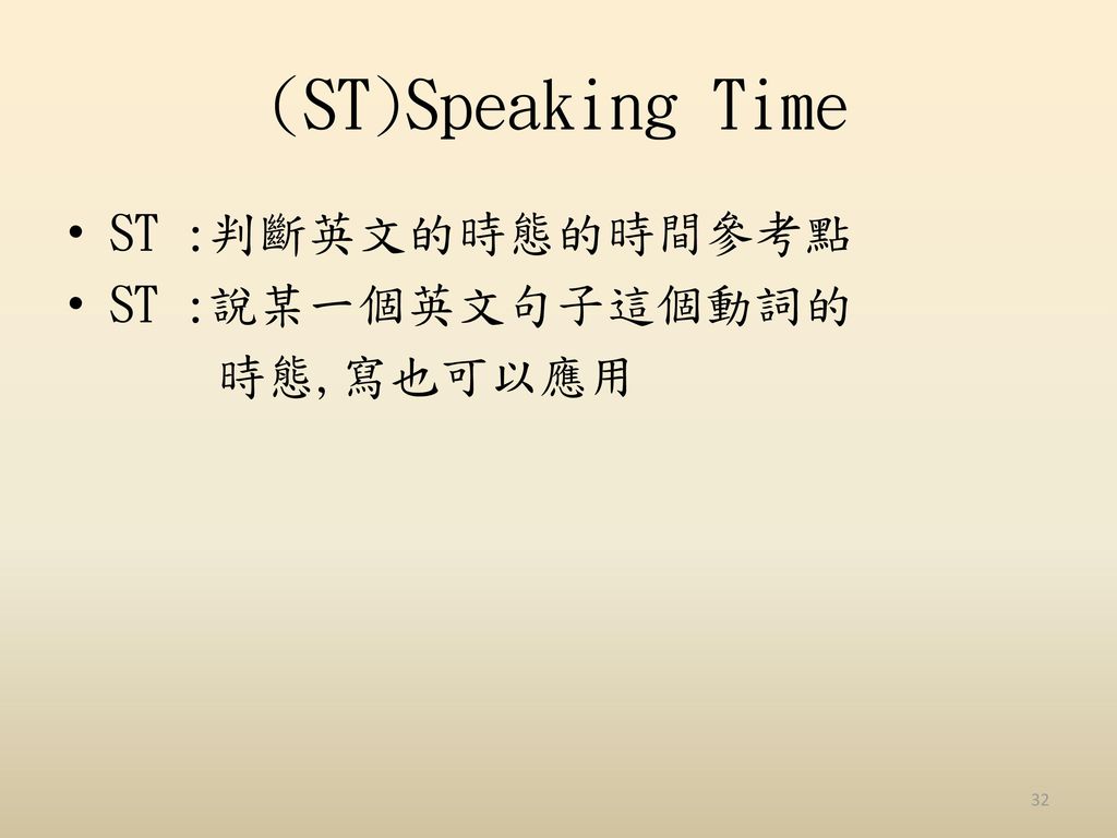 (ST)Speaking Time ST :判斷英文的時態的時間參考點 ST :說某一個英文句子這個動詞的 時態,寫也可以應用