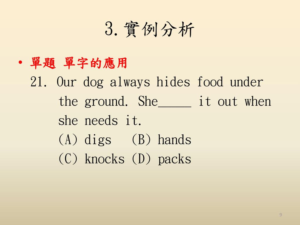 3.實例分析 單題 單字的應用 21. Our dog always hides food under