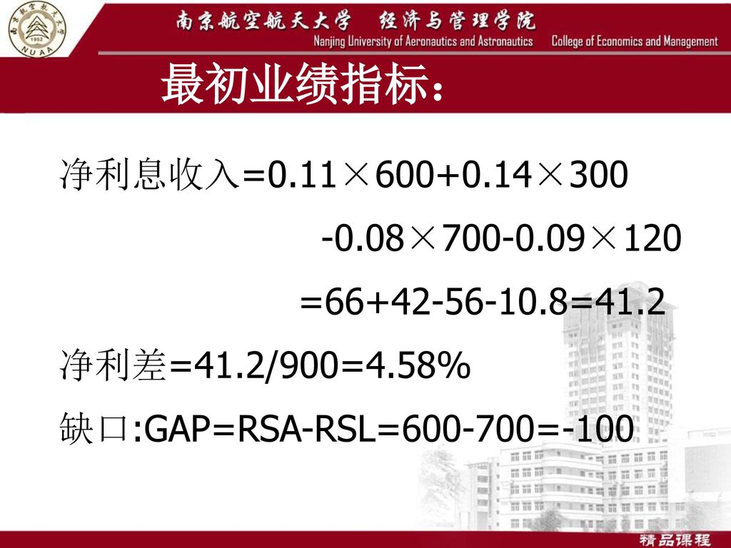 最初业绩指标： 净利息收入=0.11× × × ×120 = =41.2