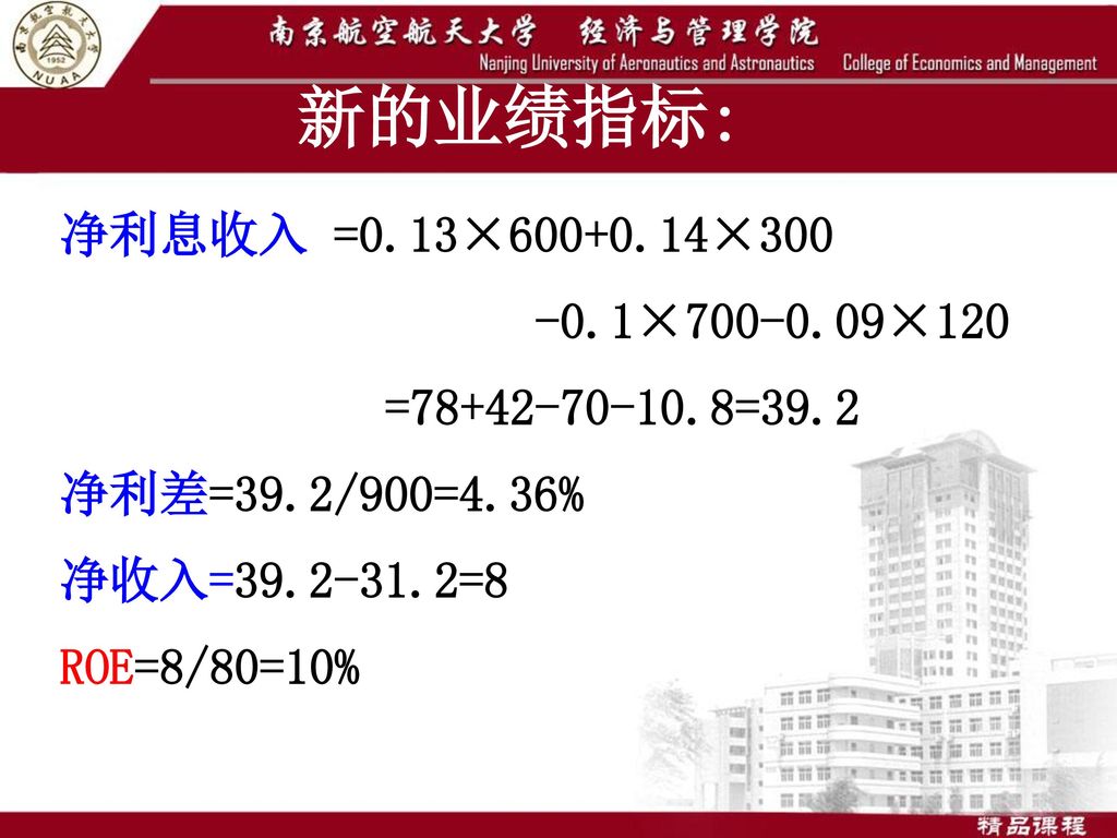 新的业绩指标: 净利息收入 =0.13× × × ×120 = =39.2
