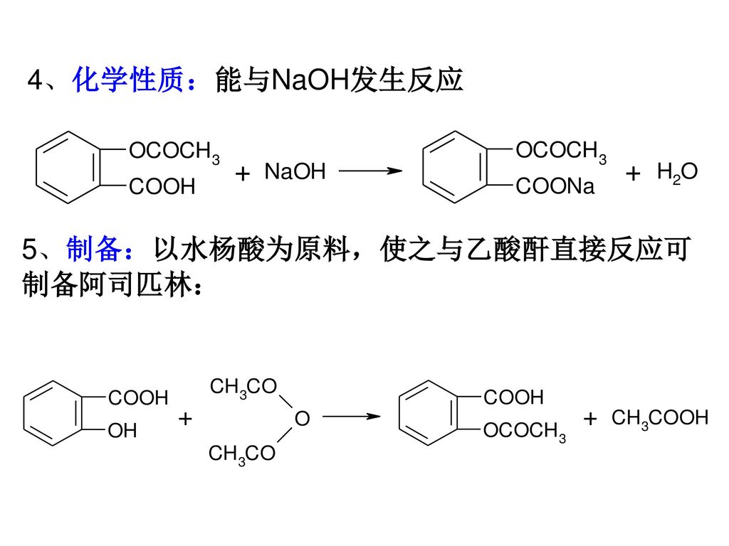 4、化学性质：能与NaOH发生反应 5、制备：以水杨酸为原料，使之与乙酸酐直接反应可制备阿司匹林：