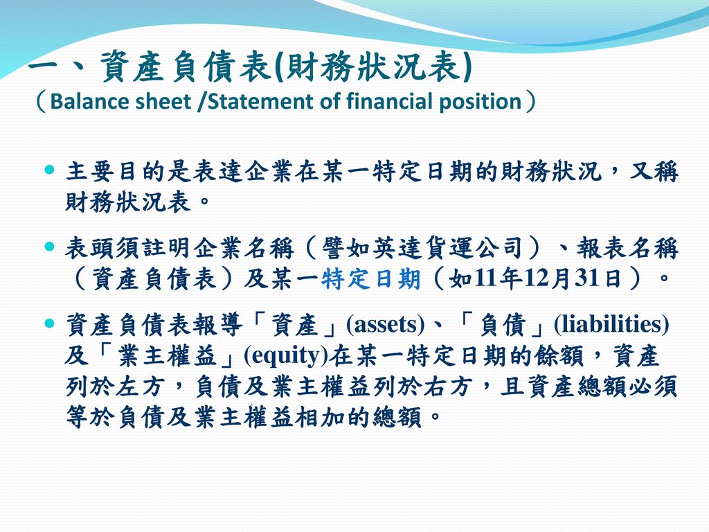 一、資產負債表(財務狀況表) （Balance sheet /Statement of financial position）