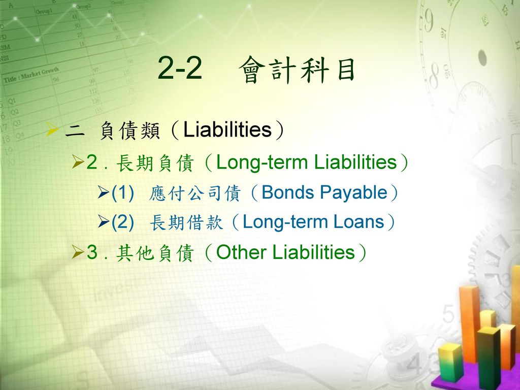 2-2 會計科目 二 負債類（Liabilities） 2 . 長期負債（Long-term Liabilities）