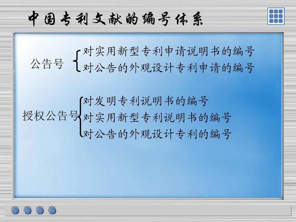 中国专利文献的编号体系 对实用新型专利申请说明书的编号 对公告的外观设计专利申请的编号 公告号 对发明专利说明书的编号