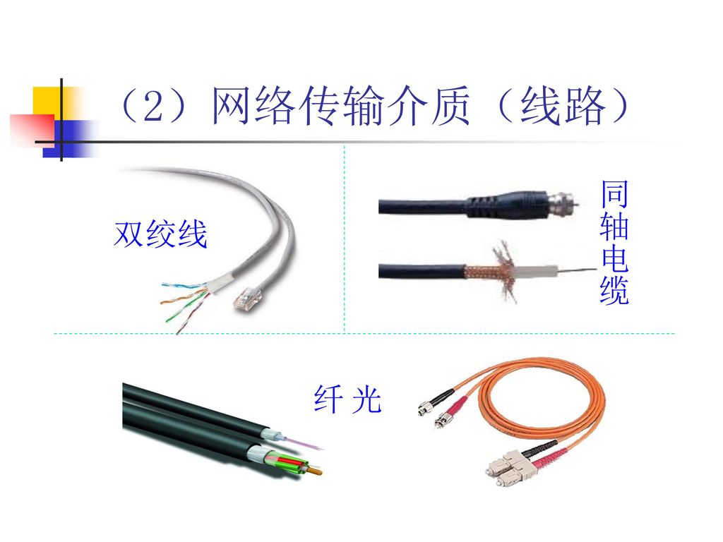 （2）网络传输介质（线路） 同轴电缆 双绞线 光 纤