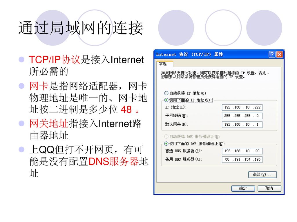 通过局域网的连接 TCP/IP协议是接入Internet所必需的