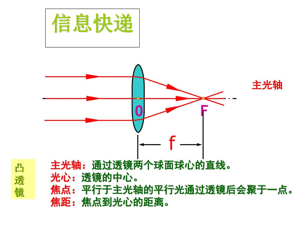 信息快递 f O F 主光轴 主光轴：通过透镜两个球面球心的直线。 凸透镜 光心：透镜的中心。