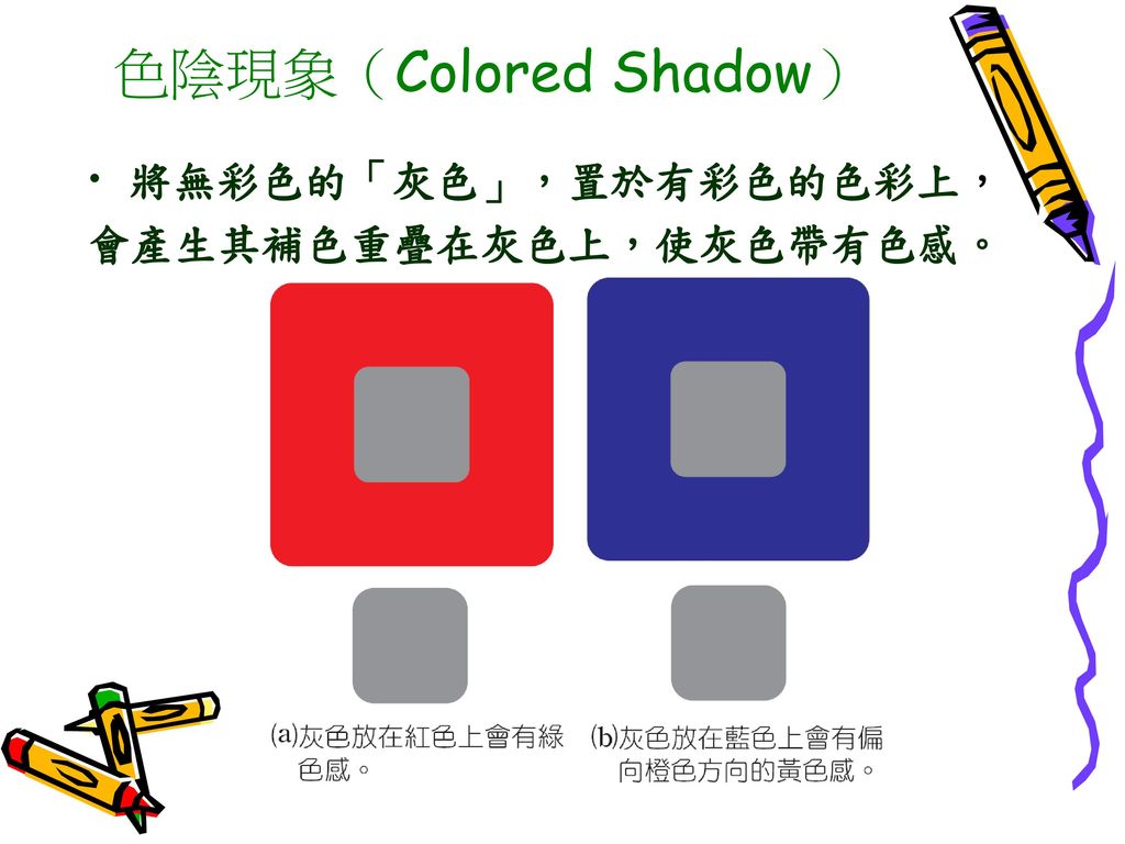 色陰現象（Colored Shadow） 將無彩色的「灰色」，置於有彩色的色彩上， 會產生其補色重疊在灰色上，使灰色帶有色感。
