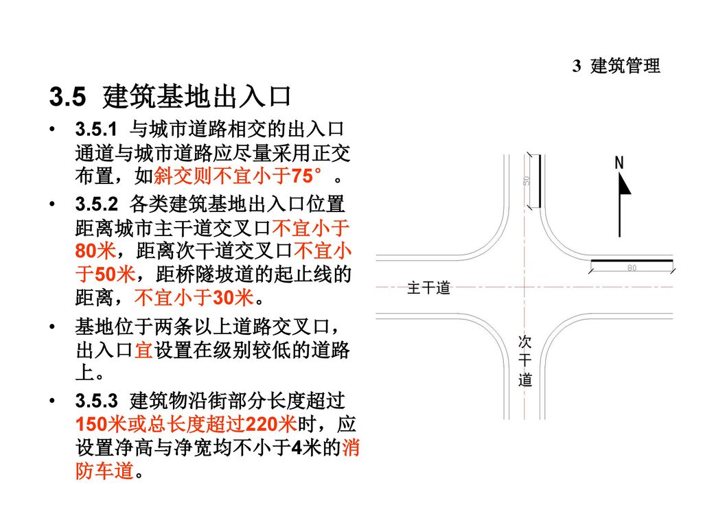 3.5 建筑基地出入口 与城市道路相交的出入口通道与城市道路应尽量采用正交布置，如斜交则不宜小于75°。