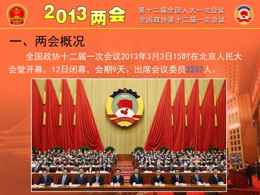 一、两会概况 全国政协十二届一次会议2013年3月3日15时在北京人民大会堂开幕，12日闭幕，会期9天。出席会议委员2237人。