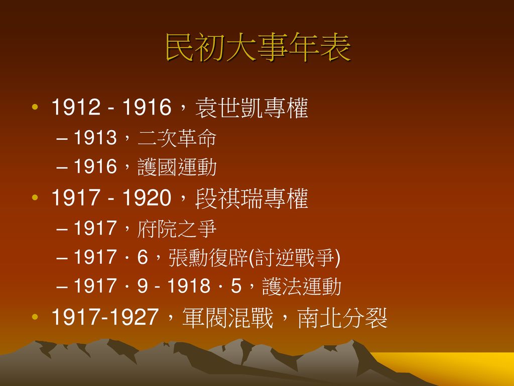 民初大事年表 ，袁世凱專權 ，段祺瑞專權 ，軍閥混戰，南北分裂