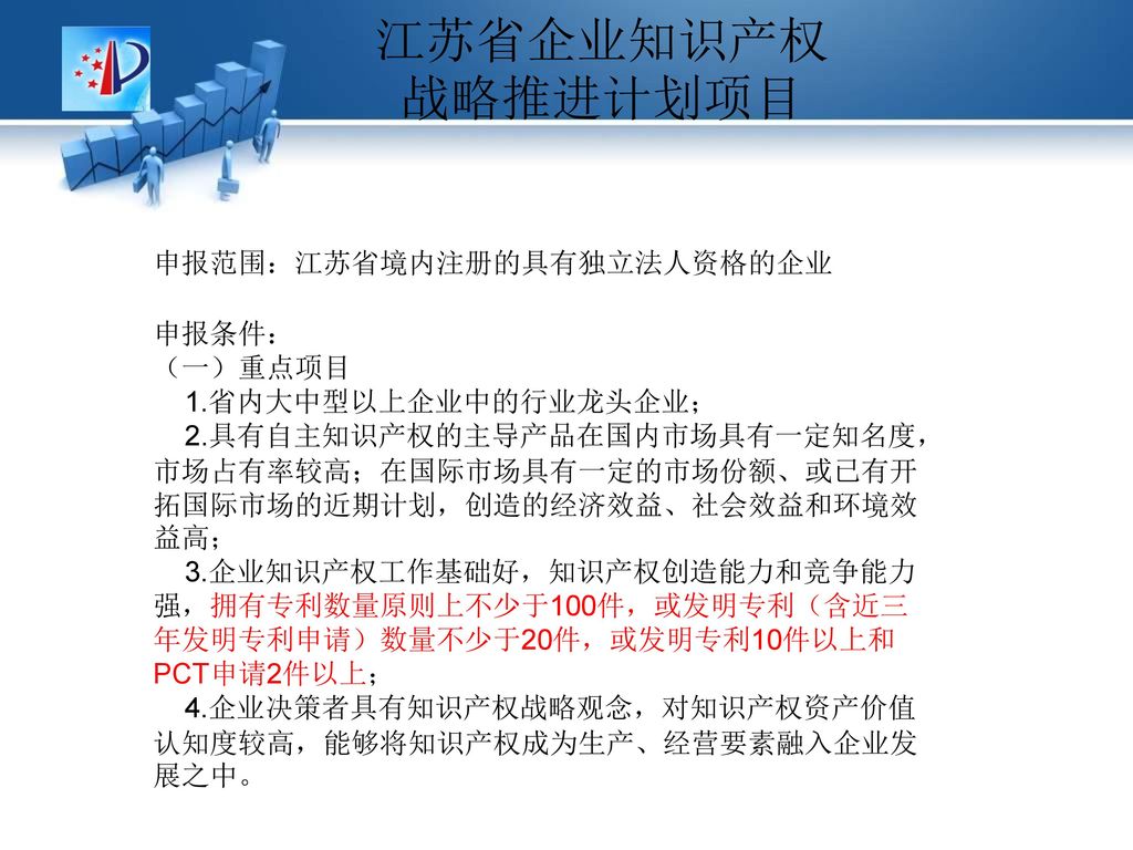 江苏省企业知识产权战略推进计划项目 申报范围：江苏省境内注册的具有独立法人资格的企业 申报条件： （一）重点项目