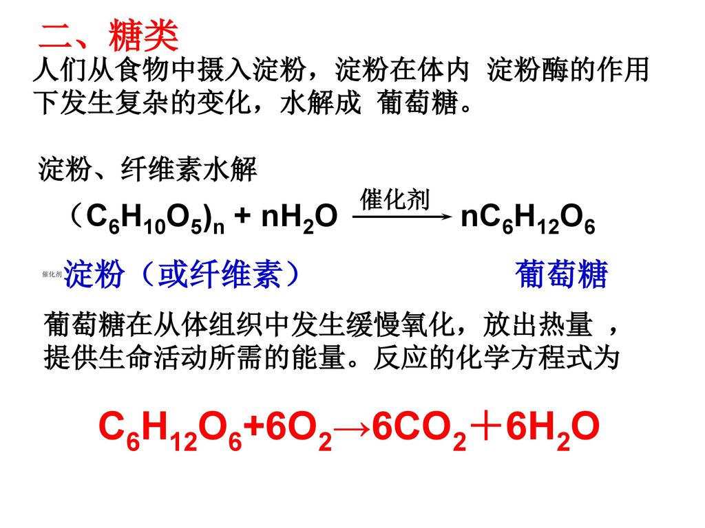 C6H12O6+6O2→6CO2＋6H2O 二、糖类 （C6H10O5)n + nH2O nC6H12O6 淀粉（或纤维素） 葡萄糖