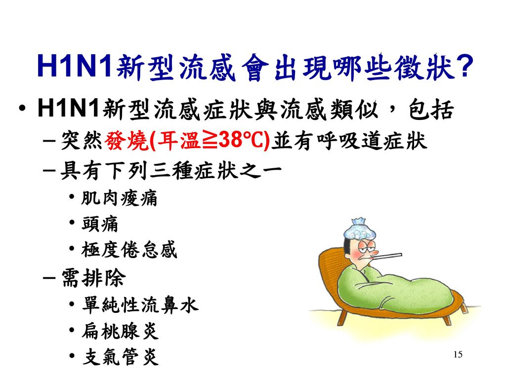H1N1新型流感會出現哪些徵狀 H1N1新型流感症狀與流感類似，包括 突然發燒(耳溫≧38℃)並有呼吸道症狀 具有下列三種症狀之一 需排除