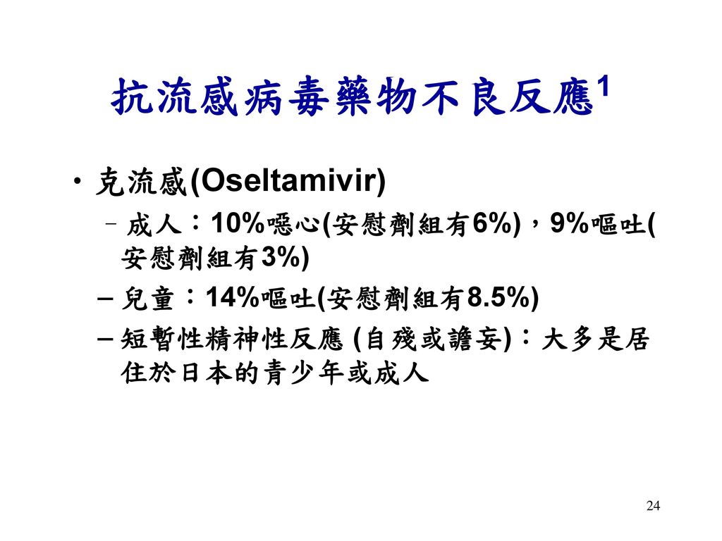 抗流感病毒藥物不良反應1 克流感(Oseltamivir) 成人：10%噁心(安慰劑組有6%)，9%嘔吐(安慰劑組有3%)