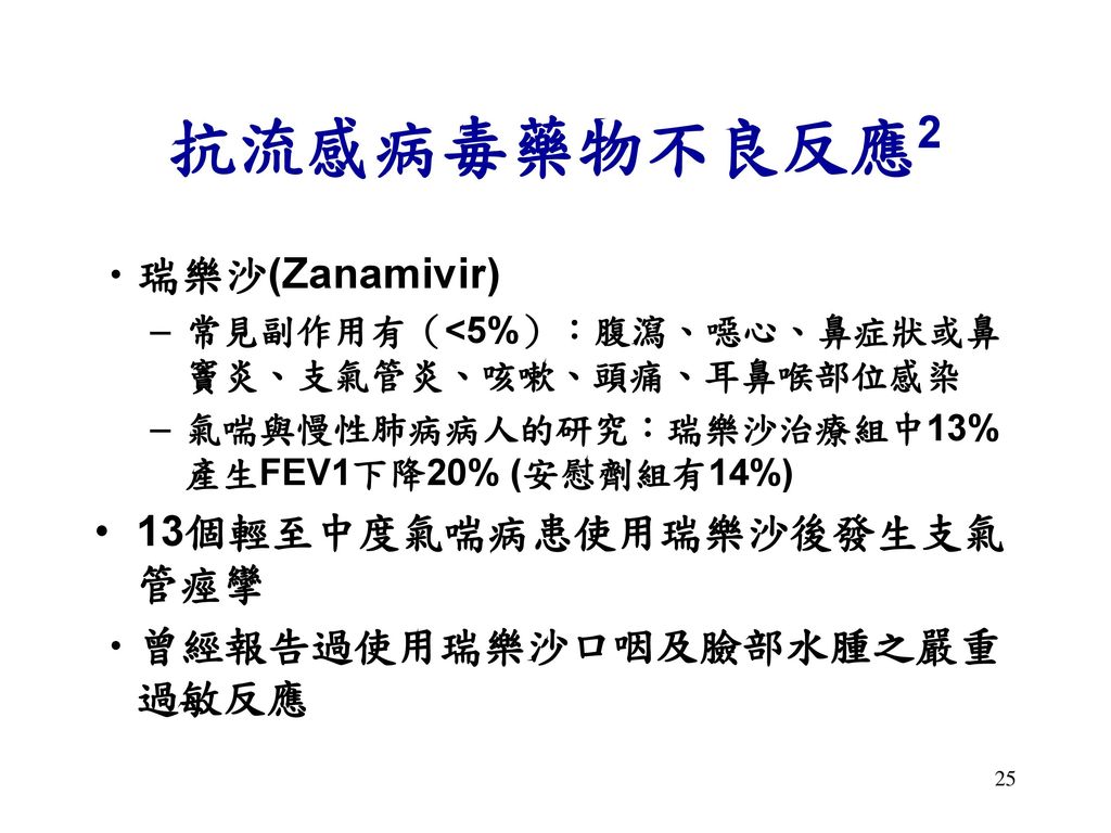 抗流感病毒藥物不良反應2 瑞樂沙(Zanamivir) 13個輕至中度氣喘病患使用瑞樂沙後發生支氣管痙攣