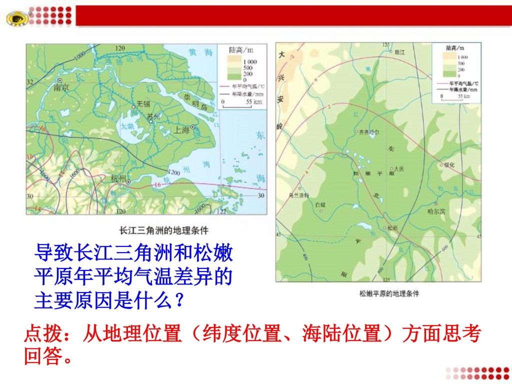导致长江三角洲和松嫩 平原年平均气温差异的 主要原因是什么？ 点拨：从地理位置（纬度位置、海陆位置）方面思考回答。