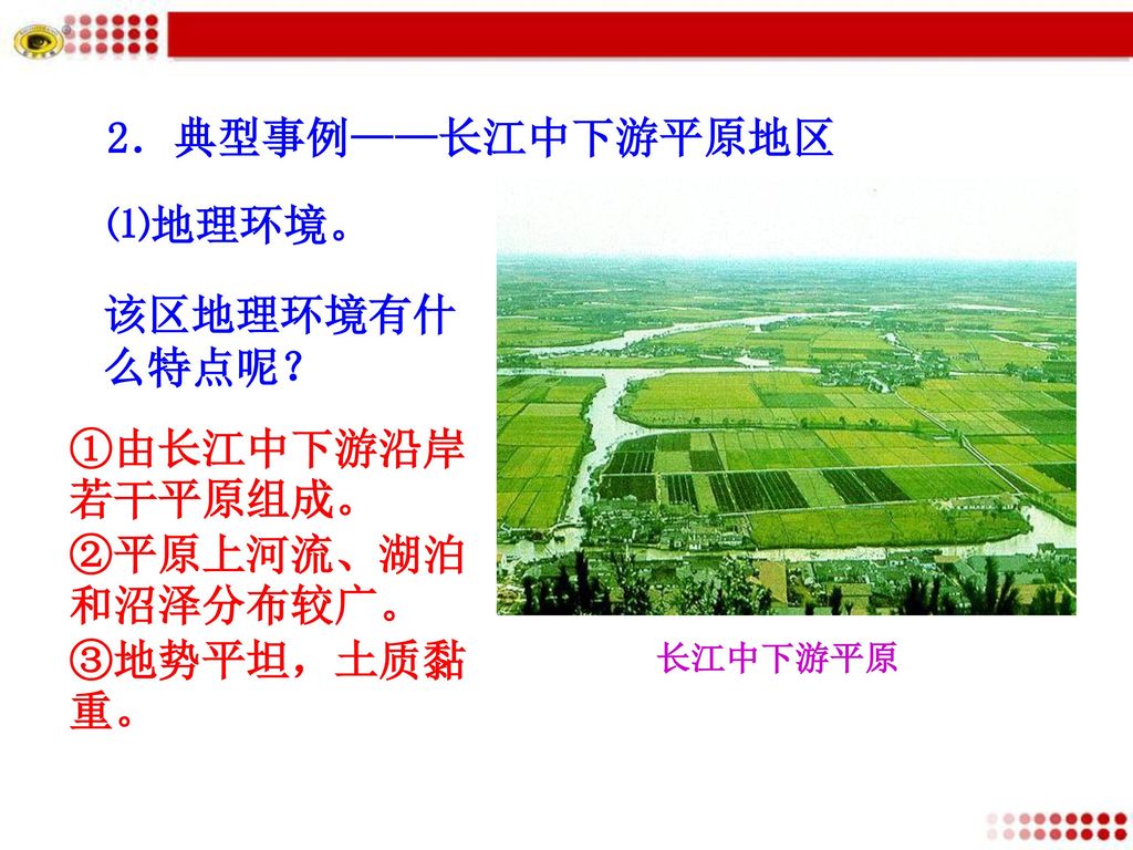 2．典型事例——长江中下游平原地区 ⑴地理环境。 该区地理环境有什么特点呢？ ①由长江中下游沿岸若干平原组成。
