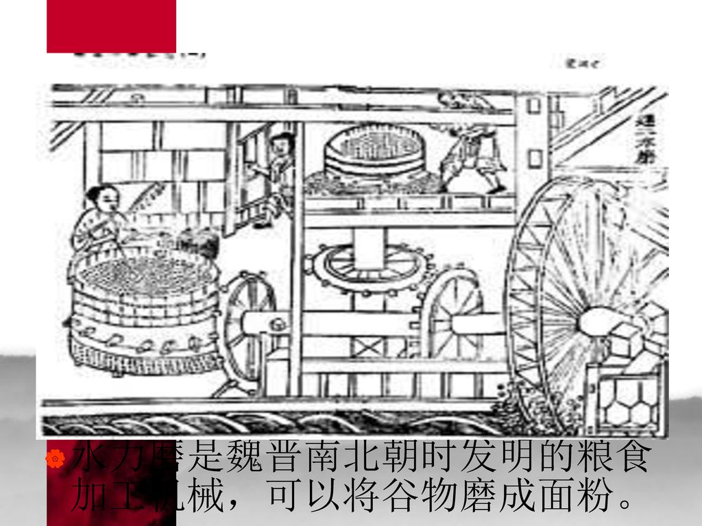 水力磨是魏晋南北朝时发明的粮食加工机械，可以将谷物磨成面粉。