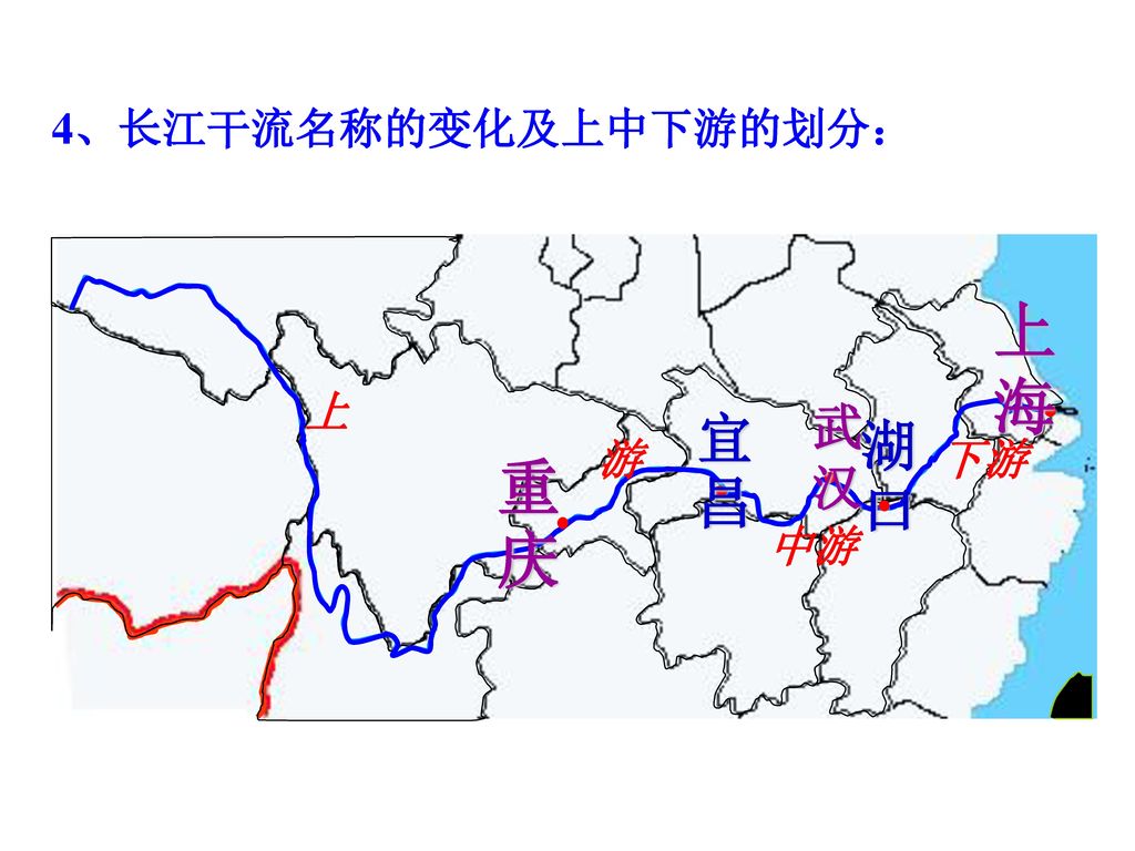 4、长江干流名称的变化及上中下游的划分： 上 海 上 游 宜昌 武 汉 湖口 下游 重庆 中游
