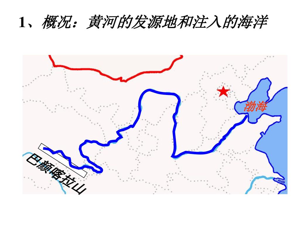1、概况：黄河的发源地和注入的海洋 渤海 巴颜喀拉山