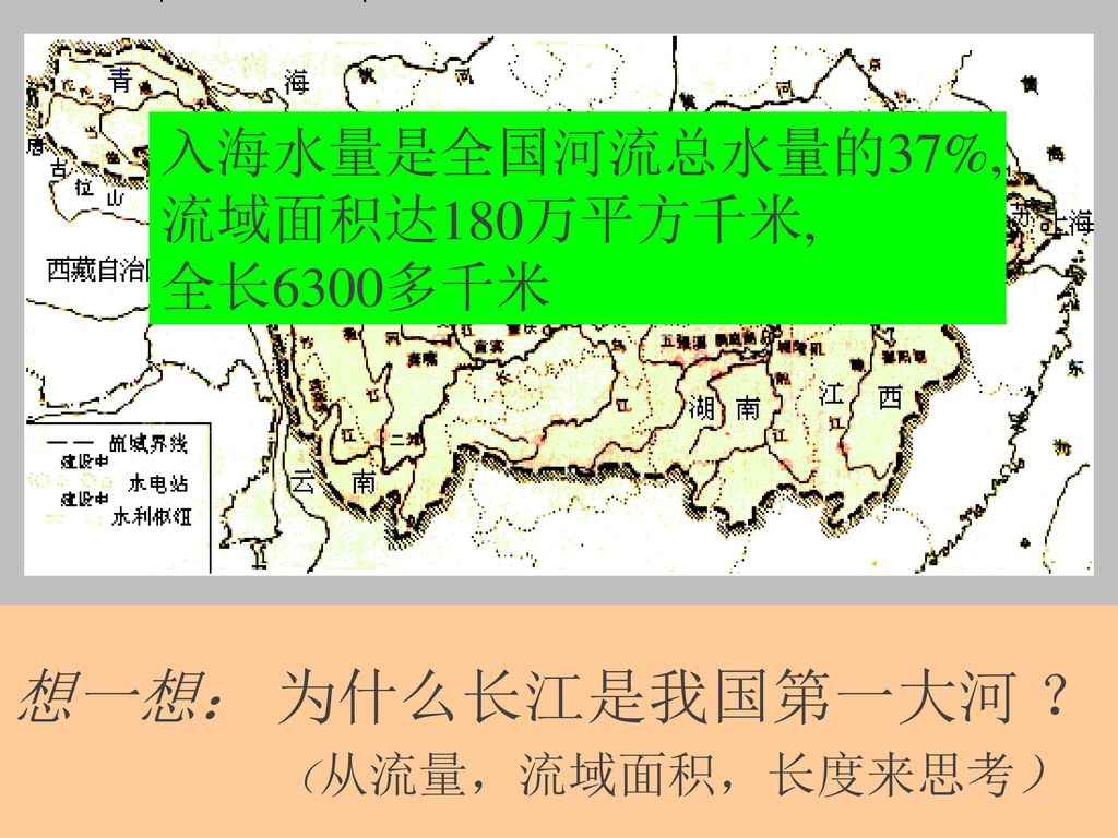 想一想： 为什么长江是我国第一大河 ？ （从流量，流域面积，长度来思考） 入海水量是全国河流总水量的37%,流域面积达180万平方千米,