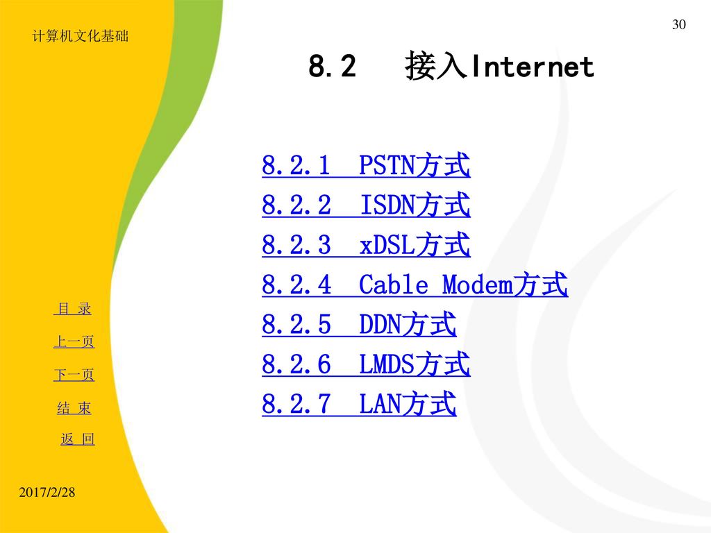 8.2 接入Internet PSTN方式 ISDN方式 xDSL方式