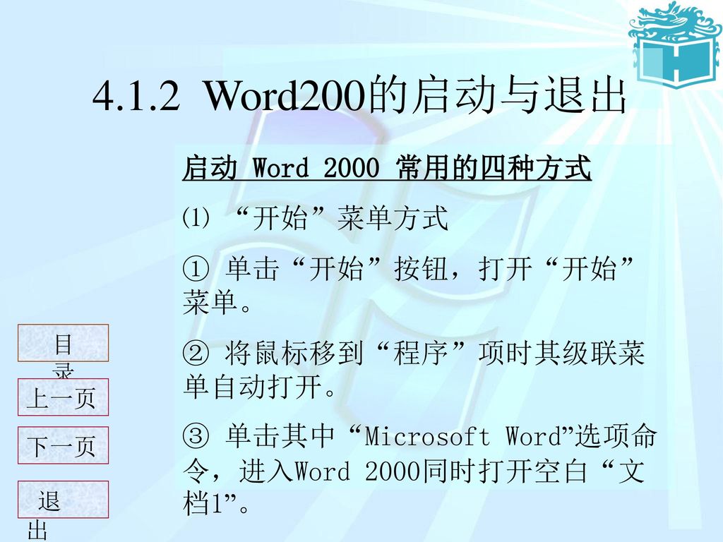 4.1.2 Word200的启动与退出 启动 Word 2000 常用的四种方式 ⑴ 开始 菜单方式