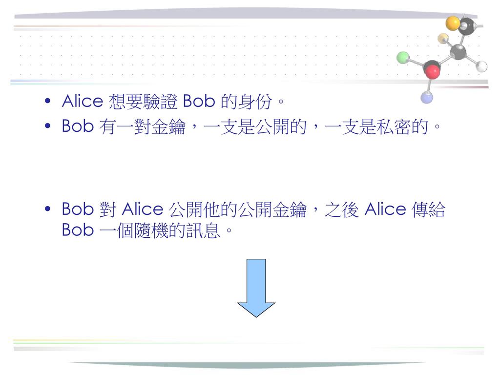 Alice 想要驗證 Bob 的身份。 Bob 有一對金鑰，一支是公開的，一支是私密的。 Bob 對 Alice 公開他的公開金鑰，之後 Alice 傳給 Bob 一個隨機的訊息。
